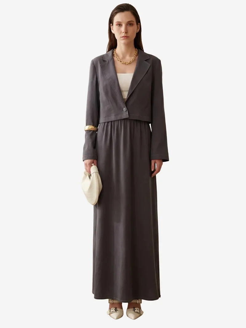 MY FASHION Charcoal Grey MY FASHION Long Sleeve Buttoned Top & Maxi Skirt Two Piece Set for Women | Best Price UAE
